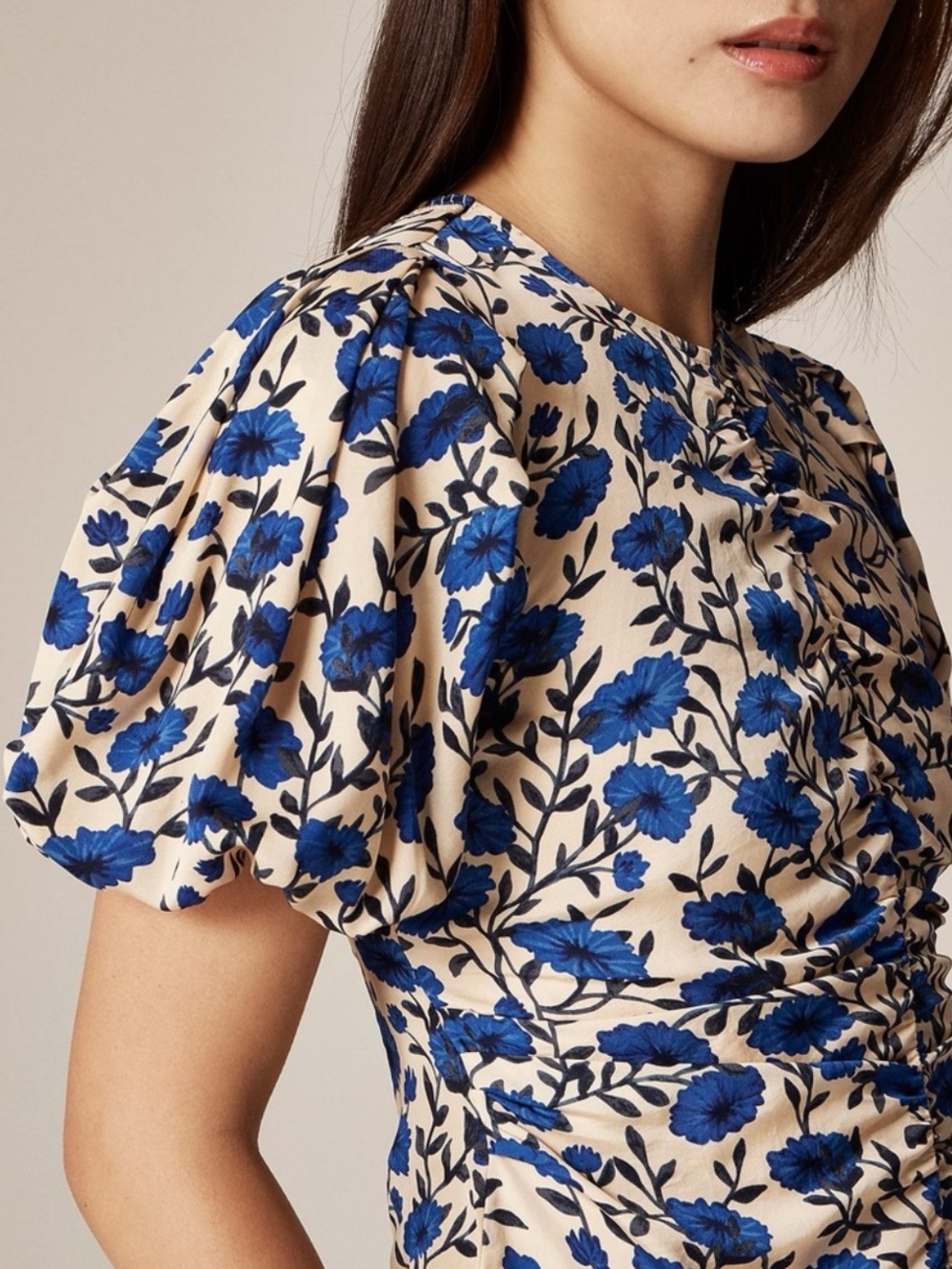 J. Crew Veranda Ruched Blue Cream Floral Print Puff Sleeve Blouse Top Size 0